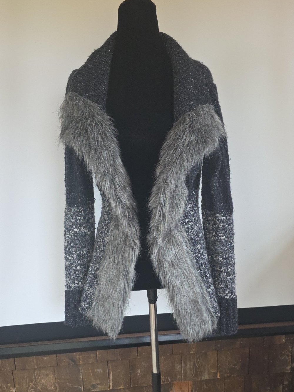 BKE Gray Knit Cardigan with Faux-Fur Trim